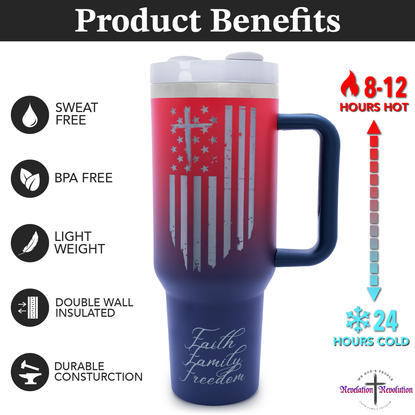 Faith, Family, Freedom 40 oz. Tumbler Red/Blue Gradient